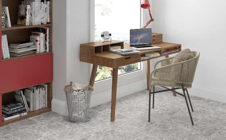 slate ceramic tile in modern home office with wood and red accents